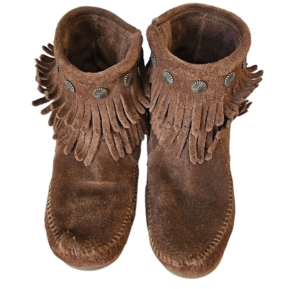 Minnetonka Womens Double Fringe Side Zip Boot Moccasin Brown SZ 6 Boho Hippie - Picture 1 of 8